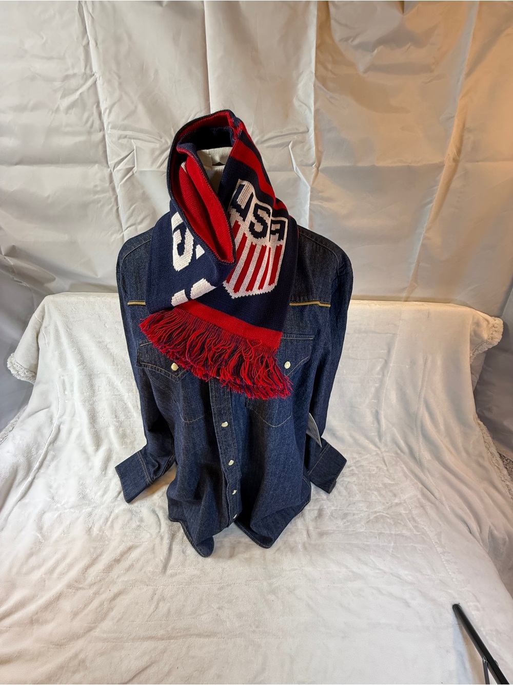 Red, Navy USA Knit Scarf - Men Large Kacey Lee Musgraves long sleeve Jean shirt